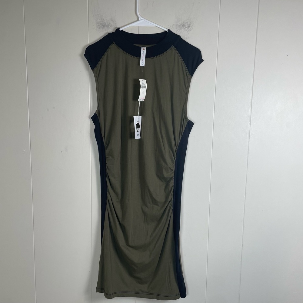 Daily Practice Ruched Side Sleeveless Mock Neck Dress Olive Black‎ XL